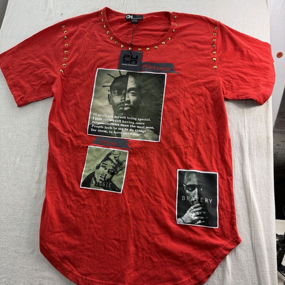 Peace Unlimited Men’s XXL T SHIRT NWT Biggie And Tupac Red Long Studded